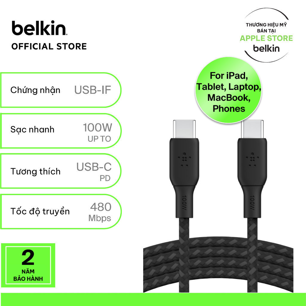 Cáp sạc nhanh Belkin USB Type C - C công suất 100W vỏ dù dài 2M chuẩn Apple PD siêu bền bảo hành 2 n