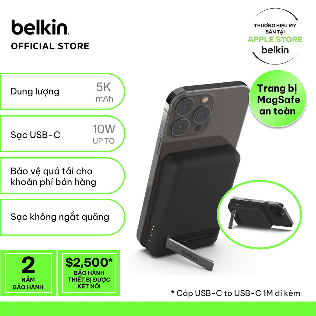 Pin sạc dự phòng không dây Belkin 5000mAh Magnetic 7.5W, có chân chống, kèm cáp USB-C 1m