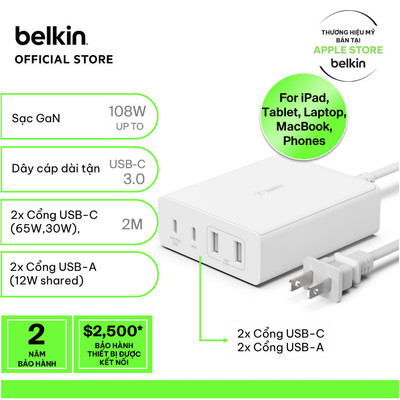 Sạc nhanh BOOST↑CHARGE™ PRO Belkin 108W (4 cổng) GaN - 2 USB C và 2 USB A B7 (tương thích iPhone 15)