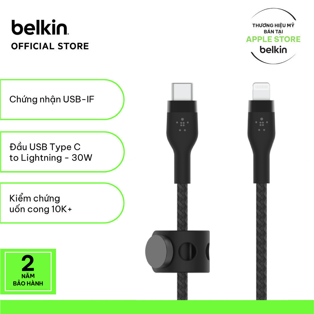 Cáp sạc USB Type C - Lightning BOOSTCHARGE PRO Flex Belkin vỏ silicone bọc dù 60W CAA011