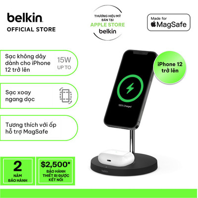 Đế sạc không dây Magsafe 2 trong 1 BOOST↑CHARGE™ Belkin 15W sạc nhanh không dây kèm sạc Bảo hành 2 năm