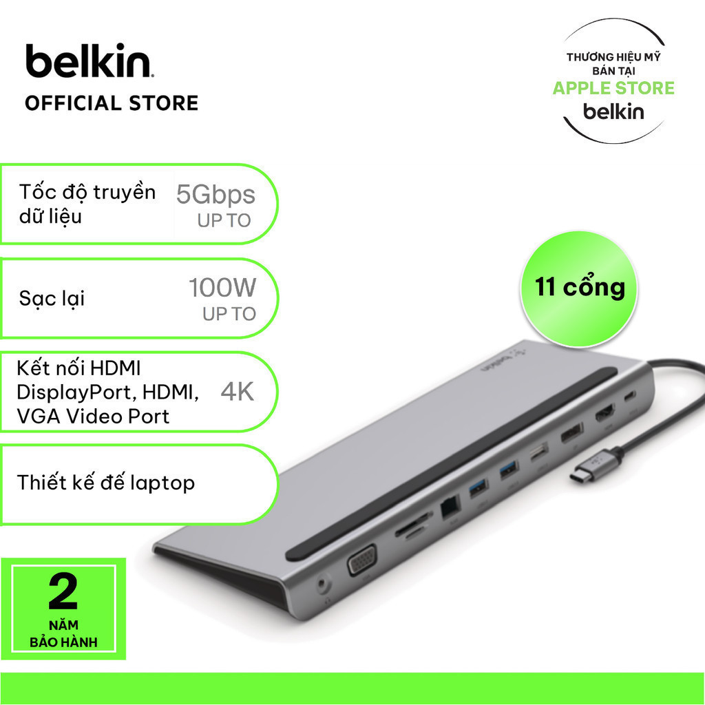 Bộ chuyển đổi Belkin 11-in-1 USB-C Hub, HDMI 4K, DisplayPort, VGA – Kết nối đa thiết bị tiện lợi