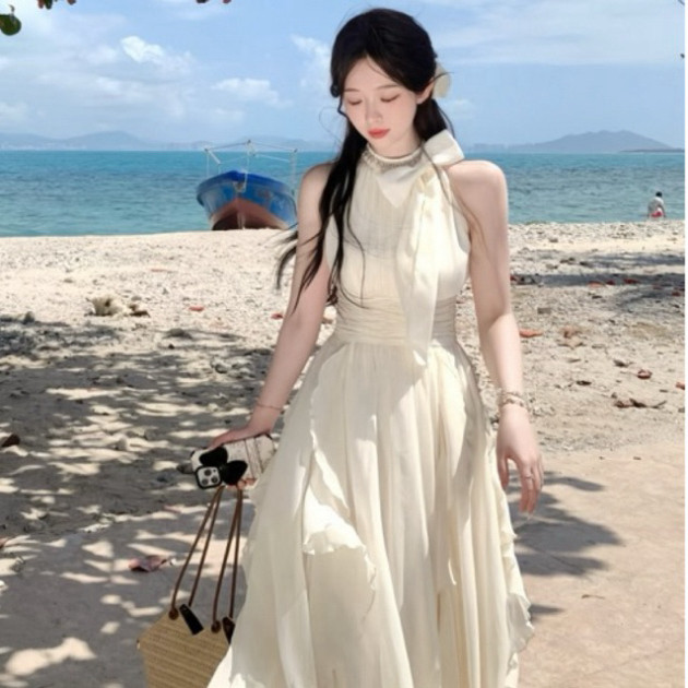 ĐẦM VOAN TRẮNG CỔ YẾM NƠ ĐÁ ĐI CHƠI , ĐI BIỂN, ĐI DU LỊCH CỰC XINH, ĐỒ ĐI BIỂN XINH, MAXI TRẮNG ĐI B