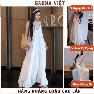 Váy, Đầm Nữ, Váy Maxi 2 Dây Thêu Hoa Chân Bèo Dáng Xuông Chất Tơ 2 Lớp Cao Cấp Tiểu Thư Đi Biển Ms74