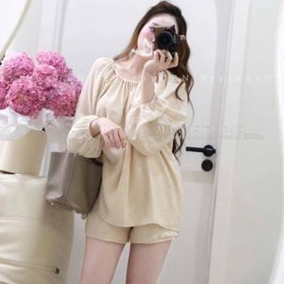 set đồ nữ sang chảnh,áo tiểu thư bánh bèo dài tay cổ yếm mix quần short ngắn có lót trong siêu xinh B340