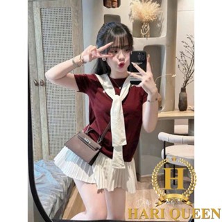  Sét váy kèm khăn áo phông thêu logo ngựa mix chân váy xếp ly HARIQUEEN 