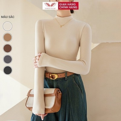Áo giữ nhiệt cổ lọ 3cm nỉ bông VINGO/VINGORIA loại dày kiểu trơn phong cách Hàn Quốc A024
