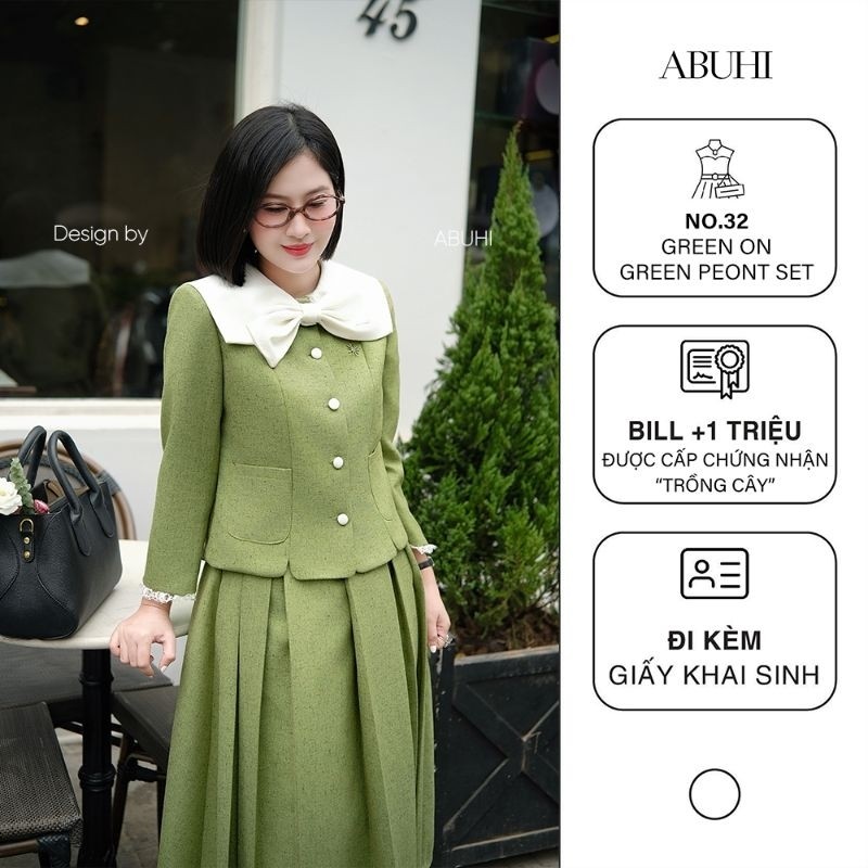 Set Bộ Áo Green Peony Và Chân Váy Green Peony Thiết Kế Sang Trọng ABUHI