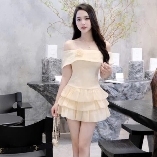 váy trễ vai,váy tơ chân váy tầng xinh sang H145(z6)