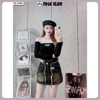 Chân váy chữ a ngắn NHAJEAN váy jean cạp cao tôn dáng phối túi trước đen ánh rêu size S M L 1406