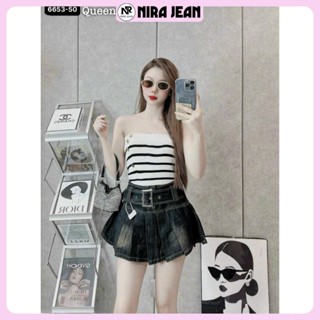 Chân váy jean xếp ly NIRA.JEAN (tặng bản đai to) chân váy ngắn xoè đen ánh rêu xám bạc size S M L 6505