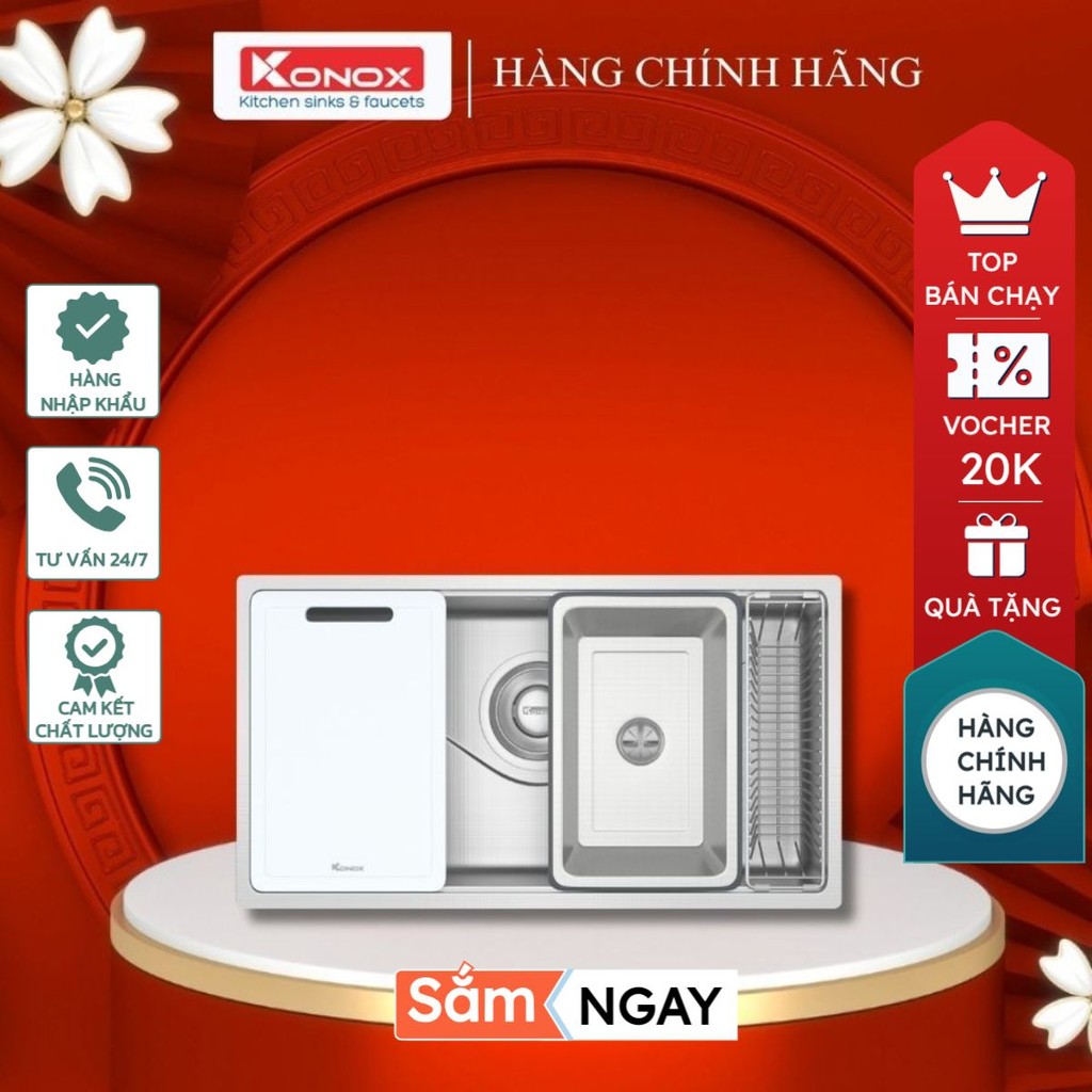 CHẬU RỬA BÁT Konox 1 HỐ CHỐNG XƯỚC JAPANESE STYLE – WORKSTATION SINK TARI 8748SR - STBT