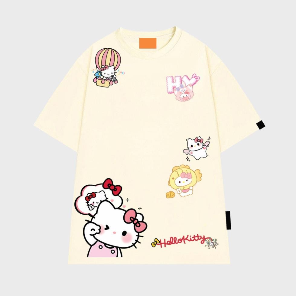 Áo thun Nhiều icon Kitty Vintage Vải cotton Phom Rộng Tay Lỡ Dễ Thương Co Giãn UT