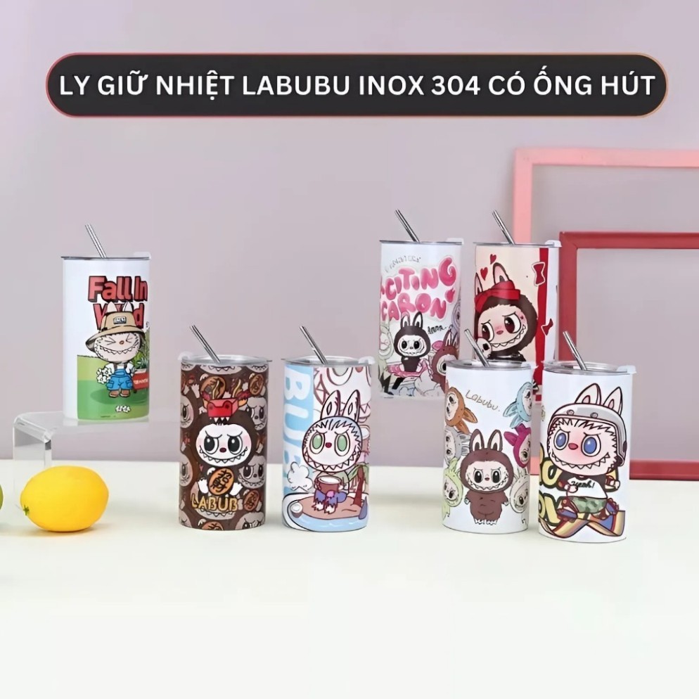 Ly giữ nhiệt, bình giữ nhiệt Inox, cốc giữ nhiệt có ống hút, ly giữ nhiệt Labubu tiện lợi 600ml