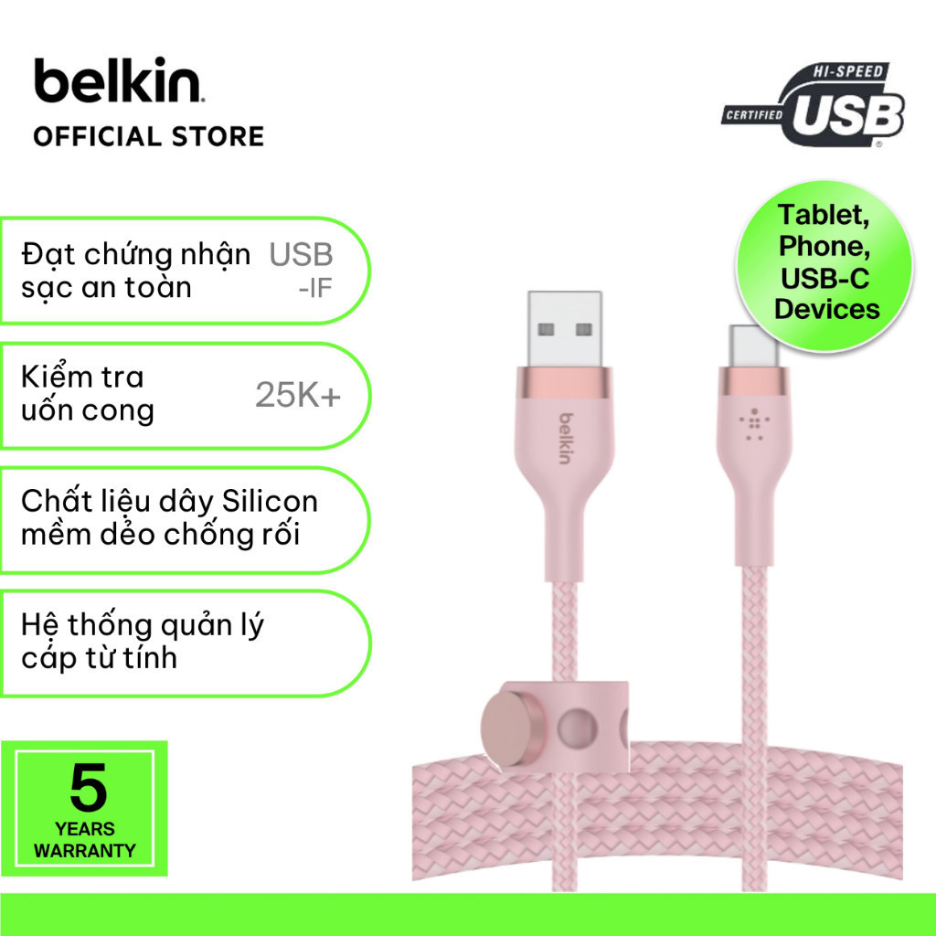 Cáp sạc Lightning BOOST↑CHARGE™ PRO Flex Belkin vỏ silicon bọc dù 60W 1M CAA010