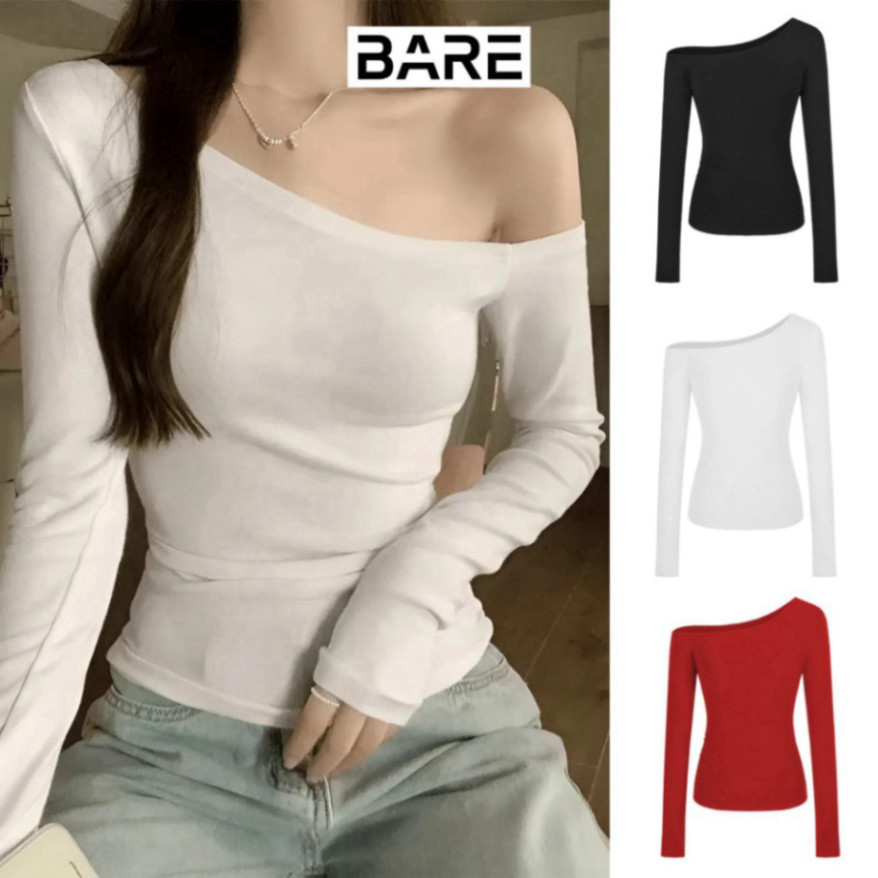 BARE_Áo Lệch Vai Kiểu Dài Tay Ôm Body Quyến Rũ Chất Thun Borip Mềm Mịn Cho Nữ_A405 Women Top
