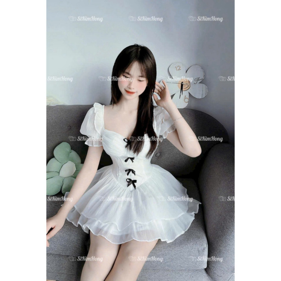Đầm tiểu thư tay ngắn cổ vuông đính nơ xinh chất tơ nến váy xòe 2 tầng phù hợp mặc đi chơi hoặc đi dạo
