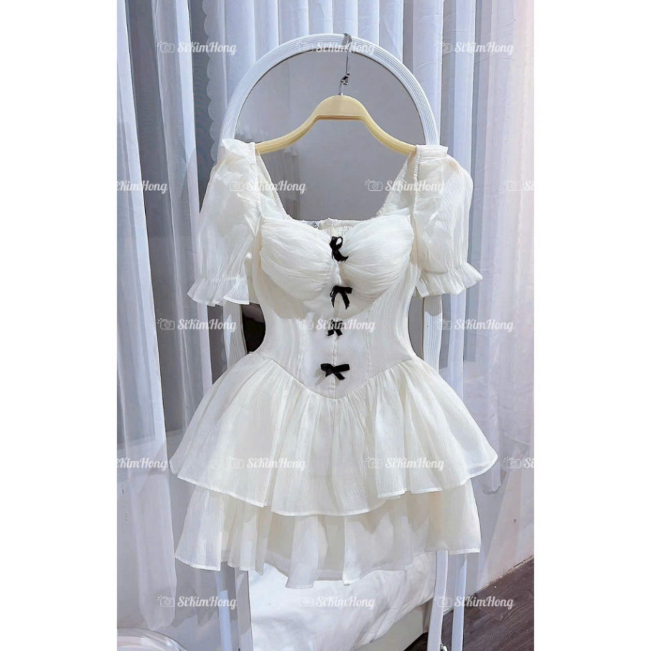 Đầm tiểu thư tay ngắn cổ vuông đính nơ xinh chất tơ nến váy xòe 2 tầng phù hợp mặc đi chơi hoặc đi dạo | BigBuy360 - bigbuy360.vn