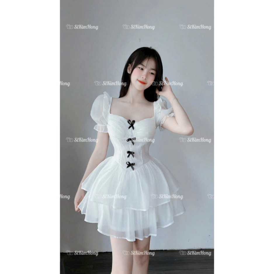 Đầm tiểu thư tay ngắn cổ vuông đính nơ xinh chất tơ nến váy xòe 2 tầng phù hợp mặc đi chơi hoặc đi dạo | BigBuy360 - bigbuy360.vn