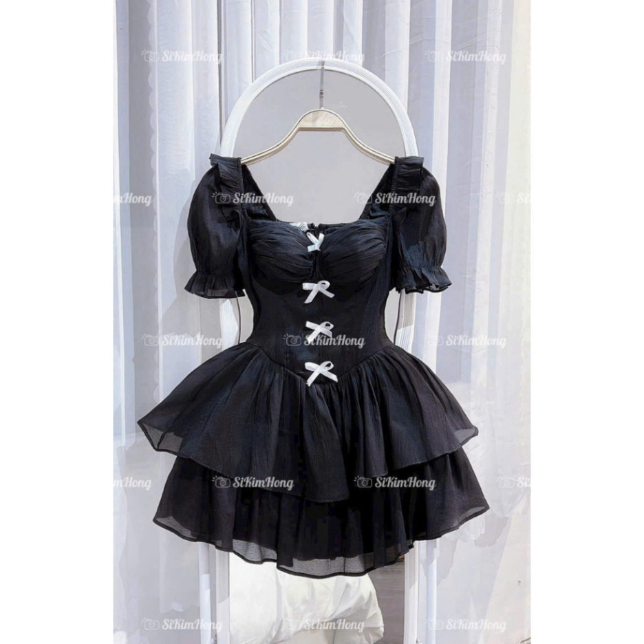 Đầm tiểu thư tay ngắn cổ vuông đính nơ xinh chất tơ nến váy xòe 2 tầng phù hợp mặc đi chơi hoặc đi dạo | BigBuy360 - bigbuy360.vn