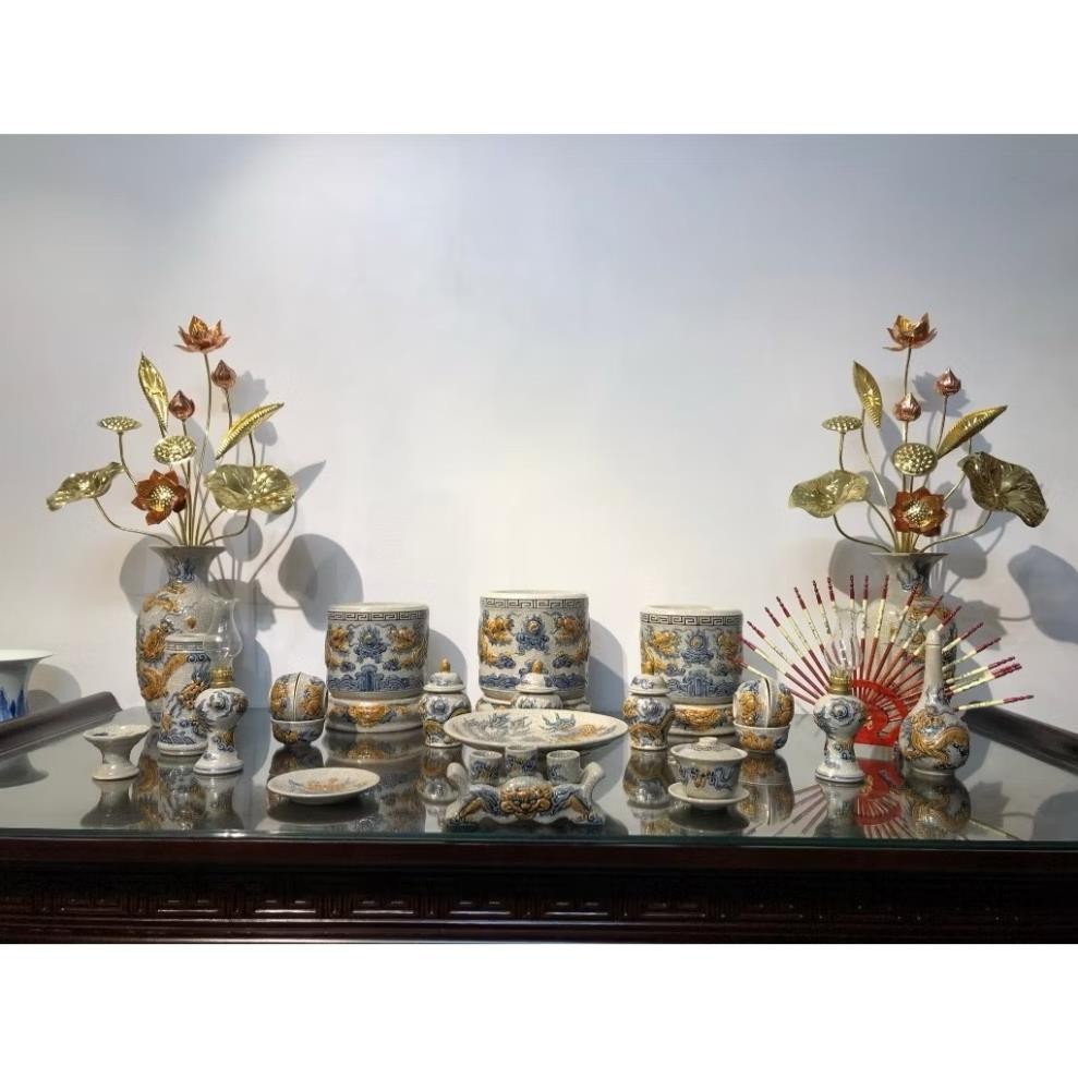 HG069 Đồ Thờ Cúng Bộ 17 món ban thờ 1M07 men rạn nổi nghệ nhân Bát Tràng chế tác TẶNG Thất Bảo, Tro Nếp_thumbnail_6