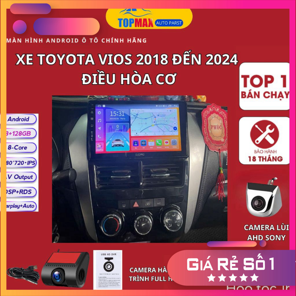 Màn hình Android Xe Hơi TOYOTA VIOS 9 inch từ 2018-2024, tích hợp Youtube, bản đồ, lệnh giọng, hỗ tr