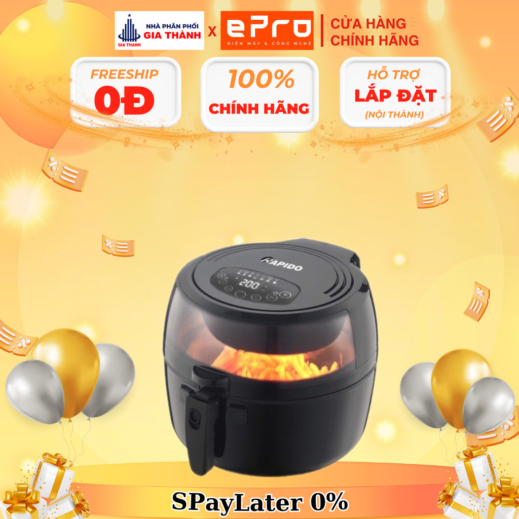 Nồi Chiên Không Dầu Rapido RAF6.5D 6.5L Đen, Kích Thước 38x38x33cm