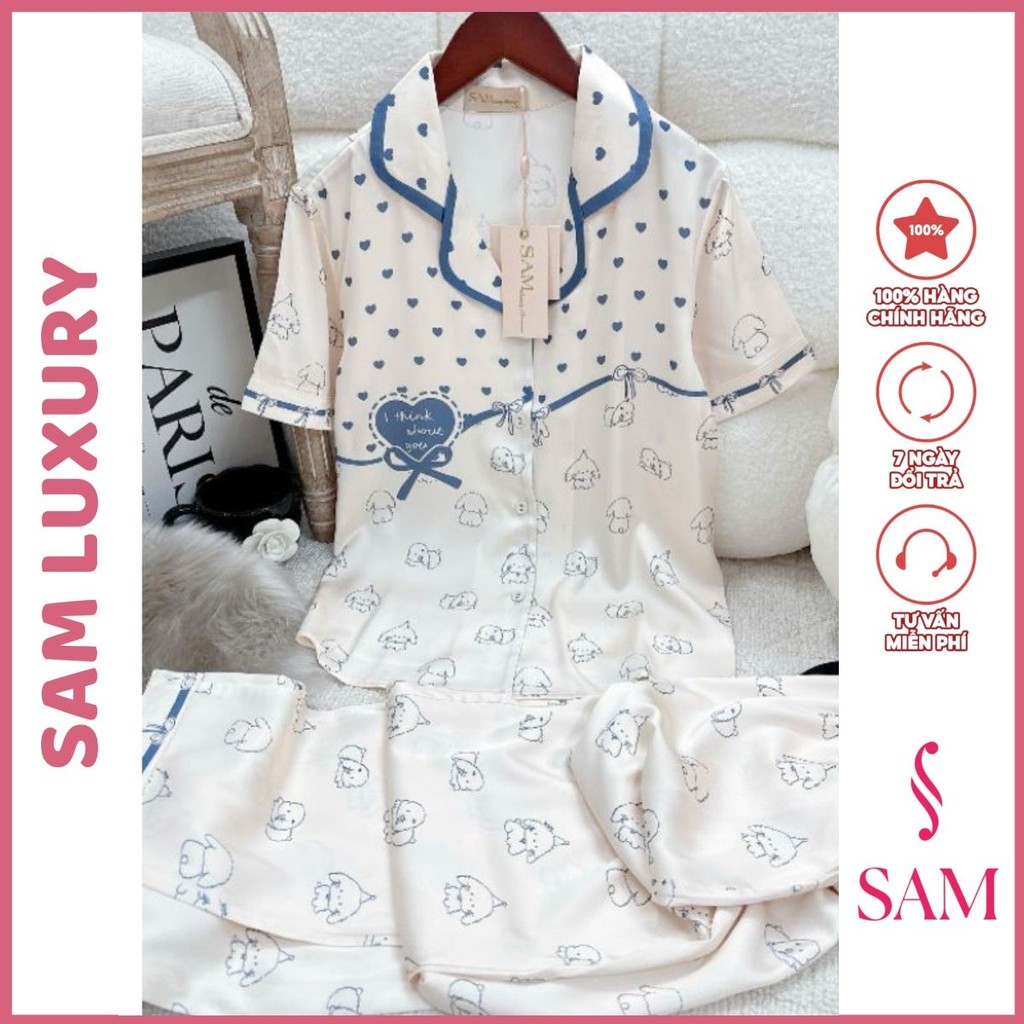 Bộ mặc nhà lụa Sam luxury, pijama lụa tay ngắn quần dài