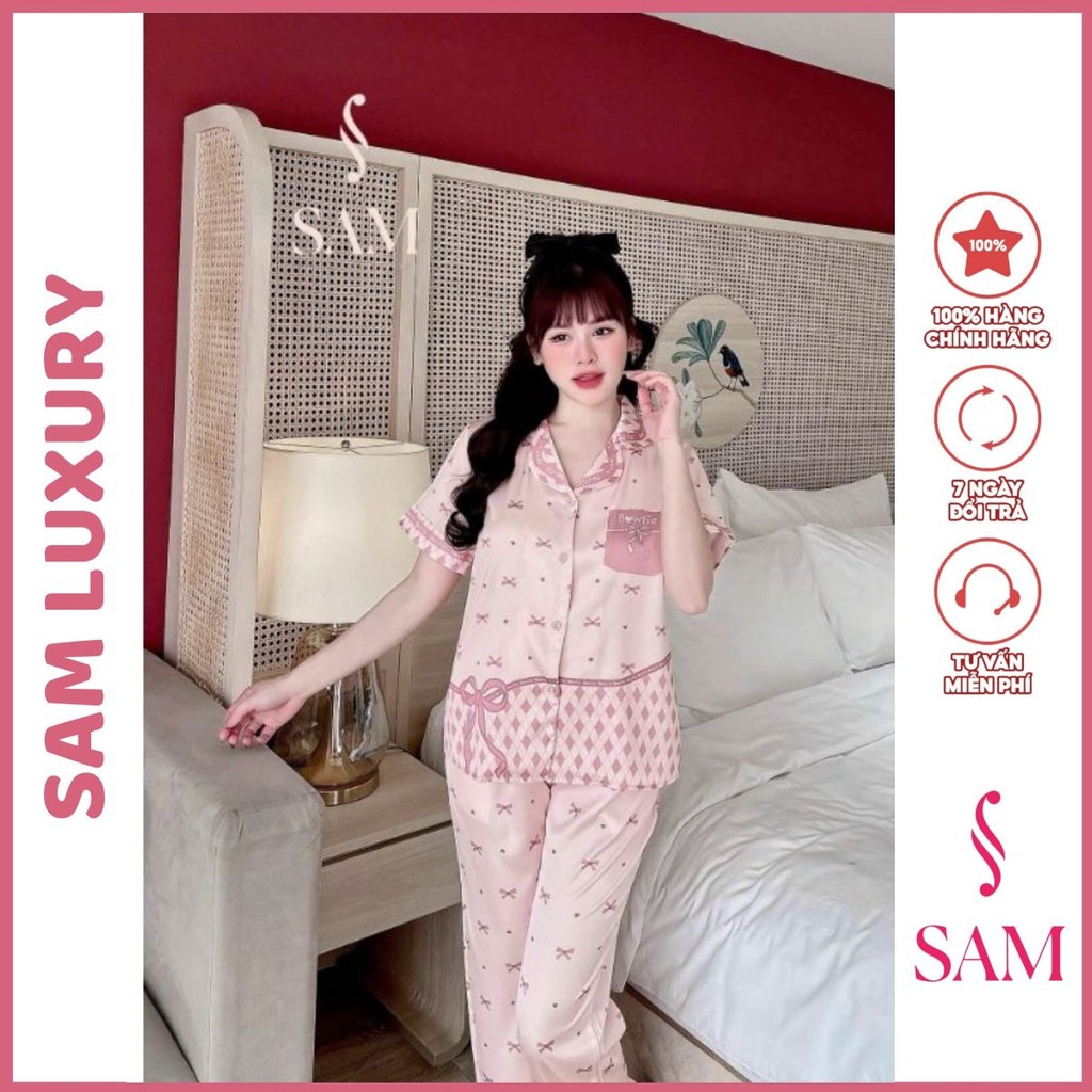 Bộ mặc nhà lụa Sam luxury, pijama lụa tay ngắn quần dài