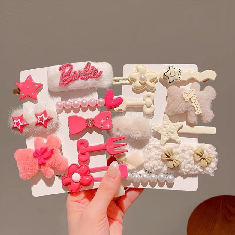 Sét 8 Kẹp Tóc Hình Thú Nhồi Bông - 8 Kẹp Tóc Hình Trái Tim Bằng Lông Nhung dopamine
