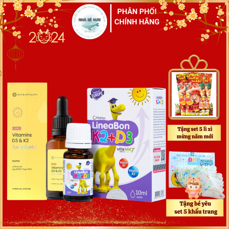 Vitamin D3k2 Mk7 Nutrivitality và Lineabon  - D3 K2mk7 Tăng Cường Hấp Thu Canxi, Hỗ Trợ Tăng Chiều C