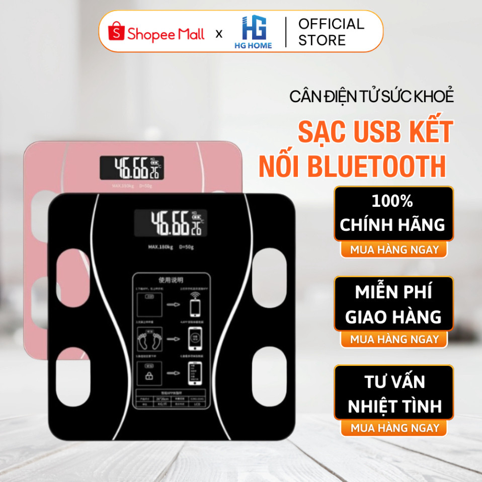 Cân Điện Tử Sức Khoẻ HGHOME Sạc USB Kết Nối Bluetooth Phân Tích Chỉ Số Cơ Thể Cân Tối Đa 180KG