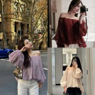 [Freeship] Áo Tơ Trễ Vai Tay Bồng, Hàng 2 Lớp  Chất Tơ Von Tiẻu Thư