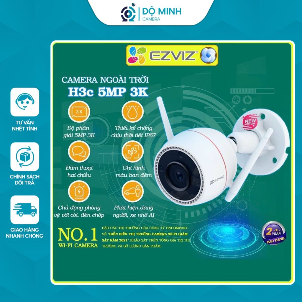 Camera Wifi ngoài trời EZVIZ H3C cố định, góc quan sát rộng, độ phân giải 5MP/4MP/3MP/2MP chính hãng