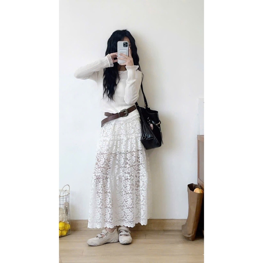 chân váy xuyên thấu ren hoa 3 tầng đi biển, du lịch