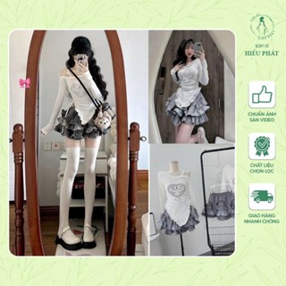 Set áo trắng tay dài lệch vai lolyta đan dây lưng phối chân váy xoè tầng xám bánh bèo tiểu thư