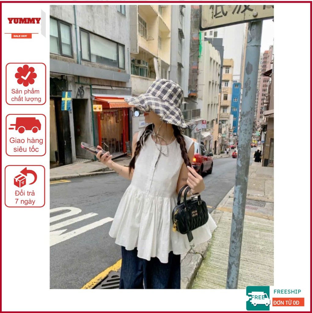 Áo sơ mi dáng dài babydoll xếp ly Yummy họa tiết hoa, Áo kiểu sát nách đáng yêu S27