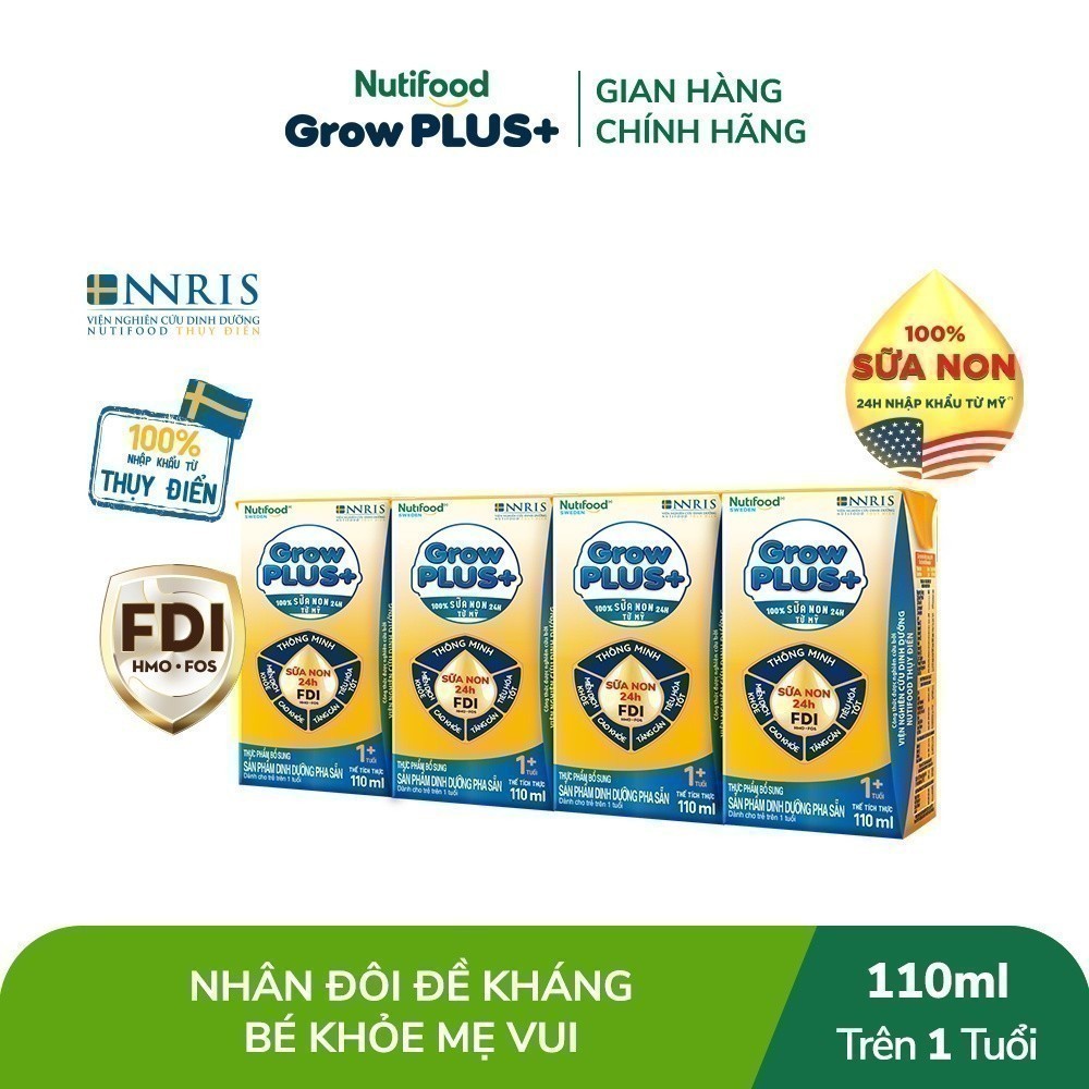 Thùng Sữa Bột Pha Sẵn Nutifood GrowPLUS+ Vàng (Sữa Non Tăng Đề Kháng) 110ml -  (48 Hộp x 110ml)