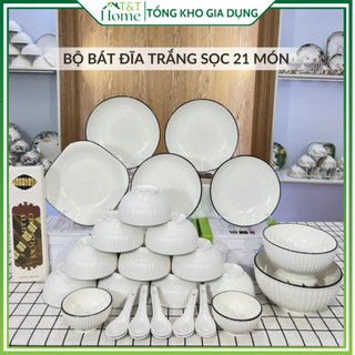  Bộ Tô Bát Đĩa Trắng Sọc Viền Đen 21 Chi Tiết Gốm Sứ Cao Cấp Gia Dụng Home T&T An Toàn Máy Rửa Bát 
