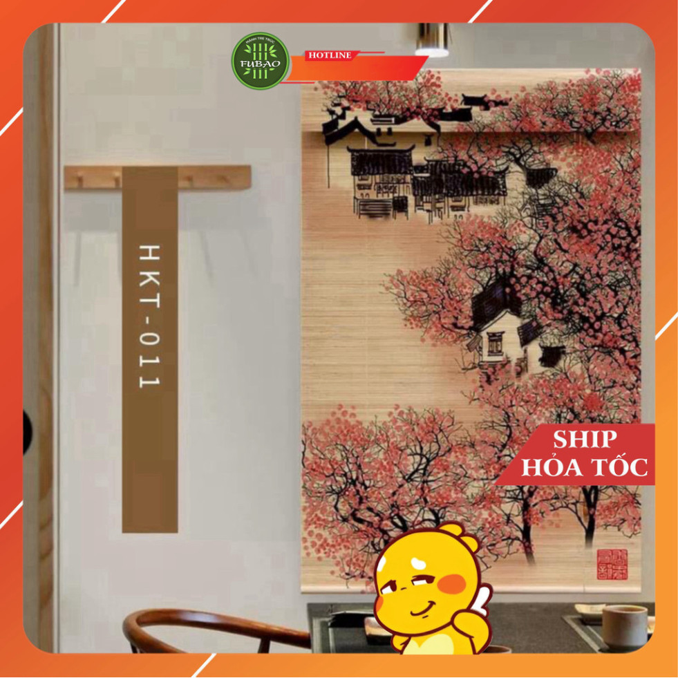 Mành tre trúc in tranh UV hình phong cảnh chim và hoa đào. Mành tre trúc trang trí decor cafe, spa.1