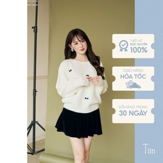  Áo len nữ cổ tròn đính nơ tay phối ren điệu đà tiểu thư đi chơi công sở TIINSTORE GA24136 