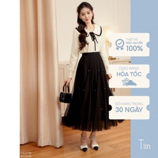 Chân váy nữ midi vải voan xòe dáng dài thiết kế đính đá sang chảnh tiểu thư thanh lịch TIINSTORE GC23140