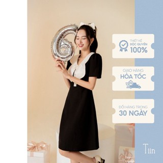 Đầm nữ công sở phối cổ lượn Váy cổ lượn nẹp trụ khuy phối đen trắng TIINSTORE VHN654