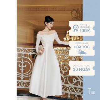 Váy đầm thiết kế nữ lệch vai dáng xoè hoa cài chất tafta nhũ dự tiệc prom sang chảnh Tiin Store VHD957