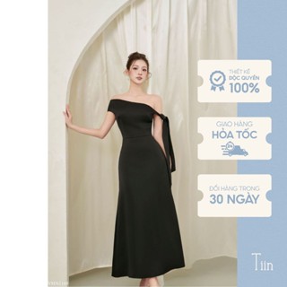 Váy đầm lụa nữ dự tiệc sang chảnh dáng dài TIINSTORE thiết kế trễ vai phối dây thắt nơ thanh lịch đám cưới VHN1169