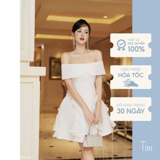 Váy tiệc trắng dáng ngắn trễ vai đáp chéo chân phối bèo Tiin Store VHN933