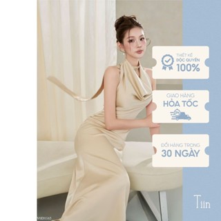 Váy đầm lụa nữ dự tiệc thiết kế cổ yếm dáng dài đuôi cá sang chảnh nữ tính tiệc cưới du lịch TIINSTORE V0D1165