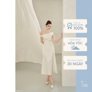 Váy đầm lụa nữ dự tiệc dáng dài thiết kế trễ vai dây chéo eo xếp ly sang chảnh nữ tính tiệc cưới TIINSTORE VHN1173