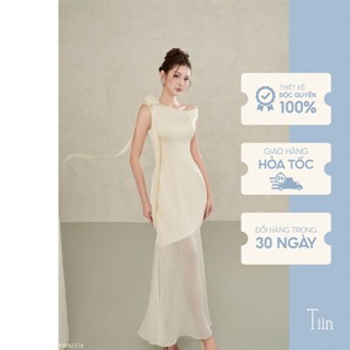 Váy đầm lụa dự tiệc TIINSTORE nữ tính trễ vai dáng dài đính hoa phối dây tơ óng thanh lịch sang chảnh VHN1174