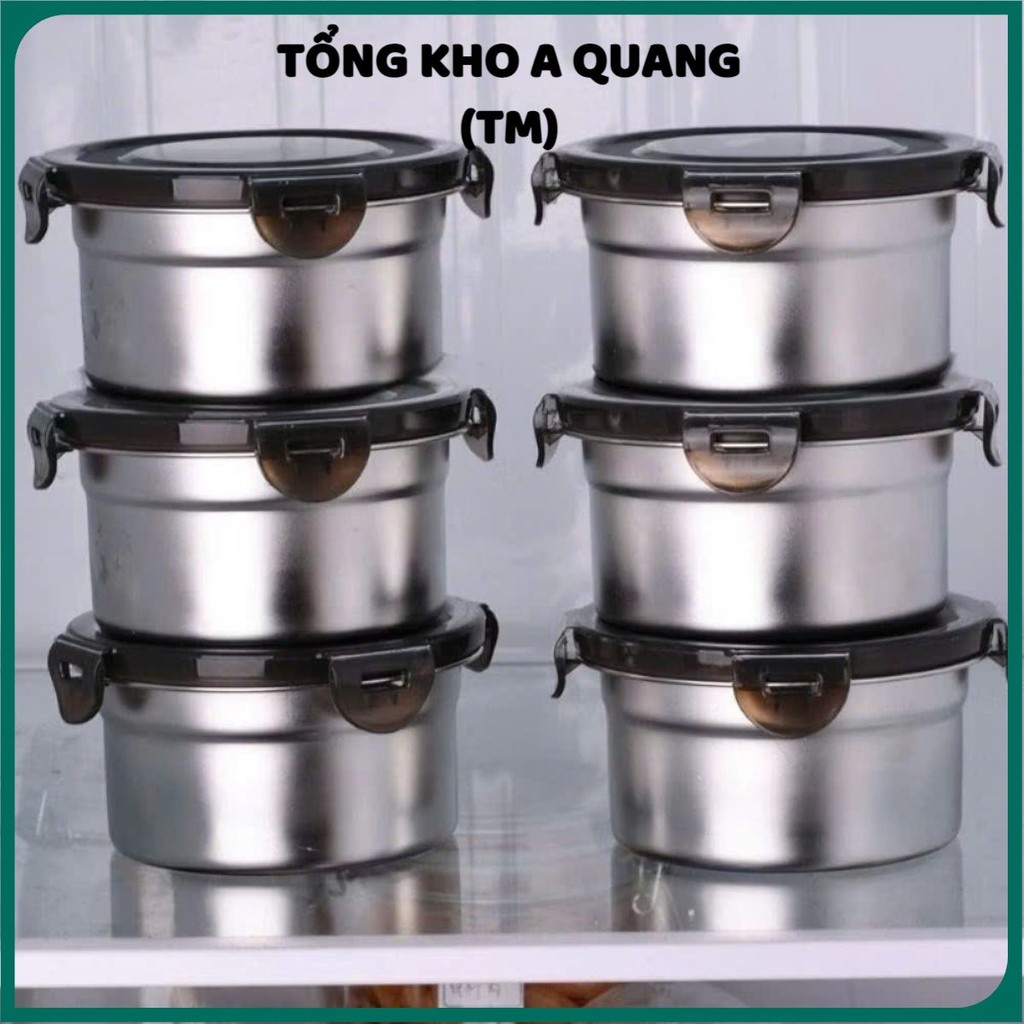 Hộp inox hình tròn dùng để đựng thực phẩm tiện lợi có kèm nắp,  SET 4 HỘP INOX NẮP ĐEN - HOP022